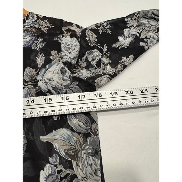 Foreign Exchange Surplice Wrap Hi Low Blouse S Black Floral Sheer Long Sleeve - Picture 6 of 8